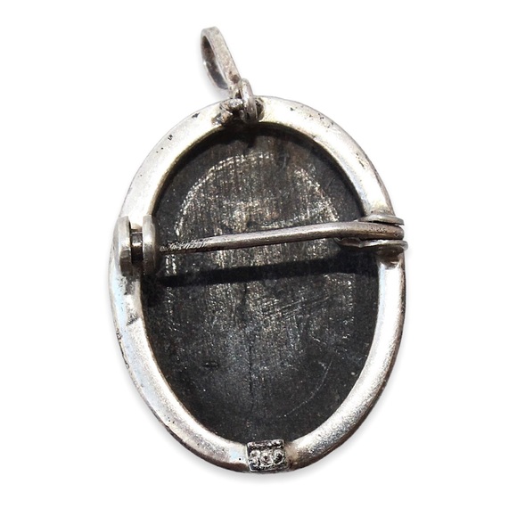 Vintage Italian Mother of Pearl Shell Cameo Pendant Brooch 800 Silver Gold Wire - Picture 5 of 6